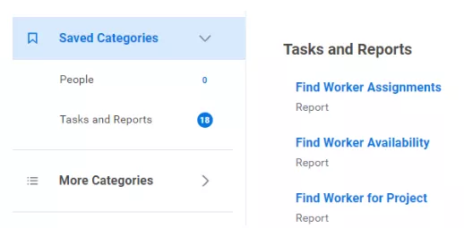 Full list of reports, tasks, and other related items